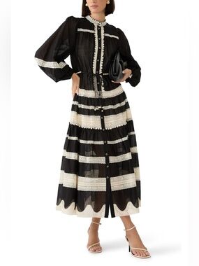 Zimmermann Rhiannon Lace Stripe Long Sleeve Billow Midi Shirtdress Size 0 / 4US